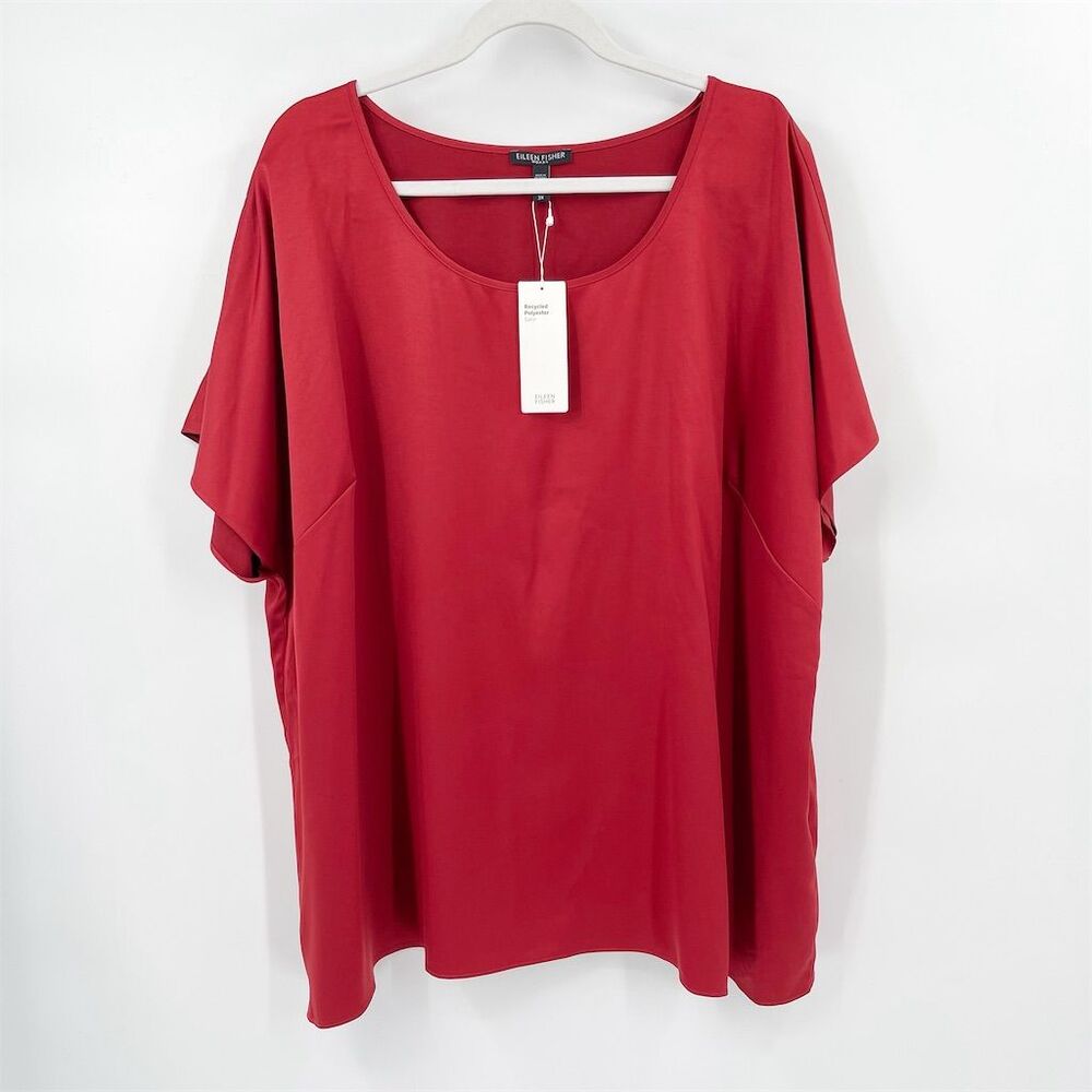 Eileen Fisher Recycled Polyester Satin Box Top Plus Size 2X Red Short Sleeve NWT